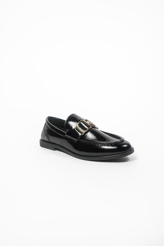 Angelica Ladies Gold Trim Black Patent Loafer