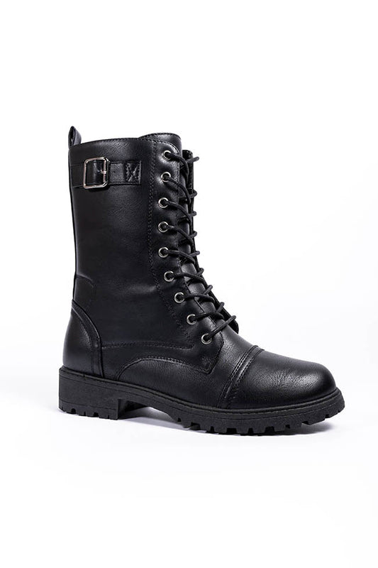 Luna Lace Up Military Boot Black Matt