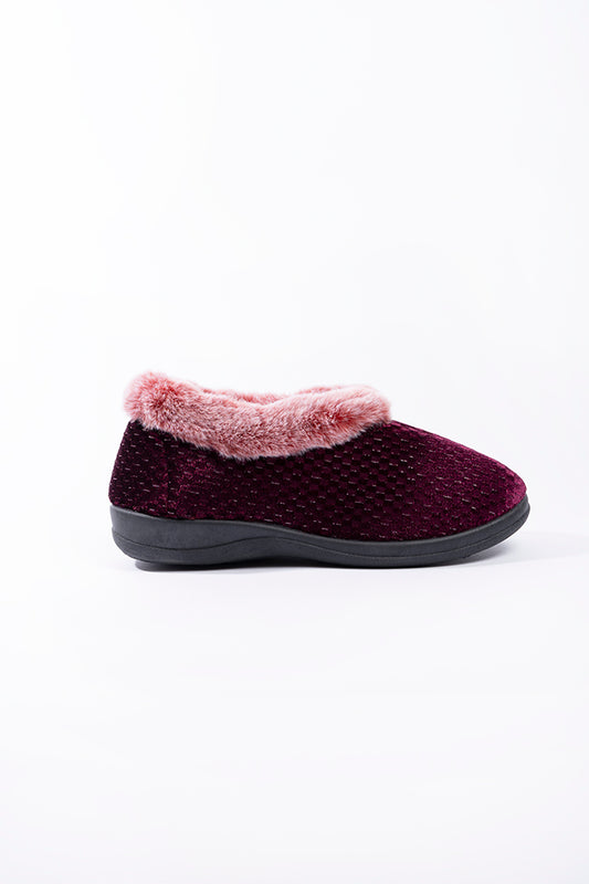 Freya Plum Velour Emboss Print Fur Collar Slipper