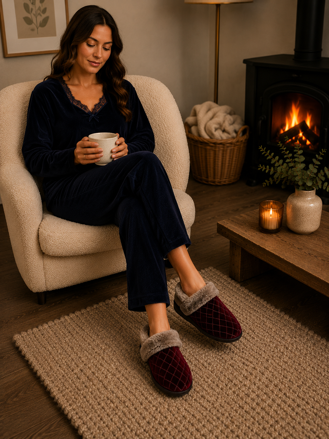 Sinead Regal Red Velour Faux Fur Cuff Slipper
