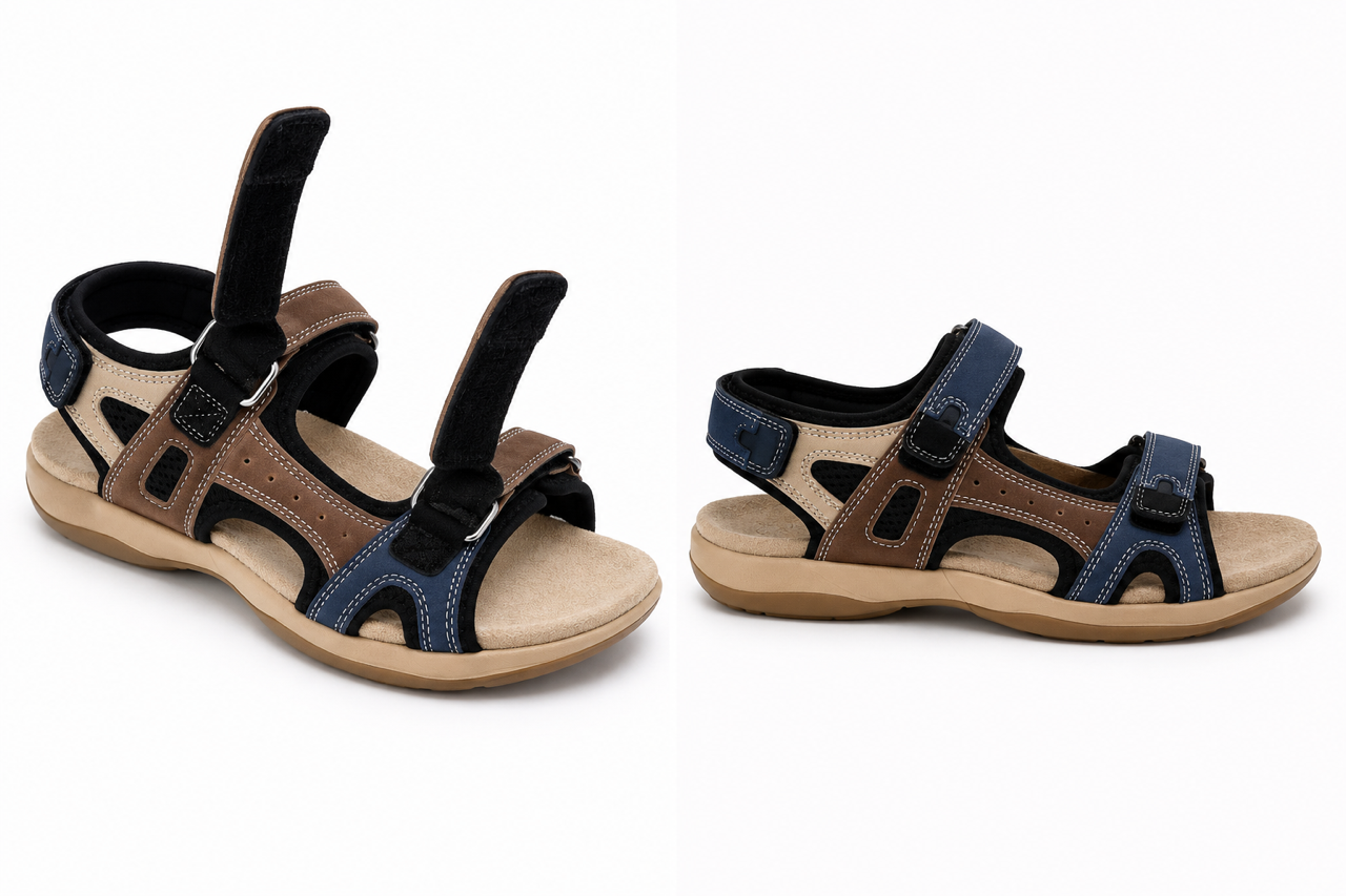 Andrea Dr. Lightfoot Tracker Sandal Beige and Navy