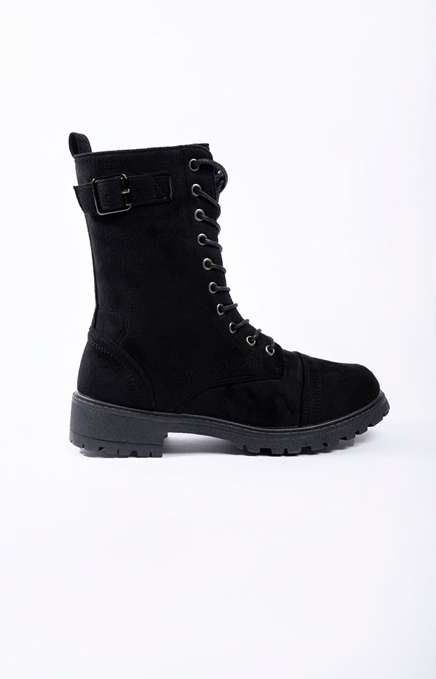 Luna Lace Up Military Boot Black Microfibre