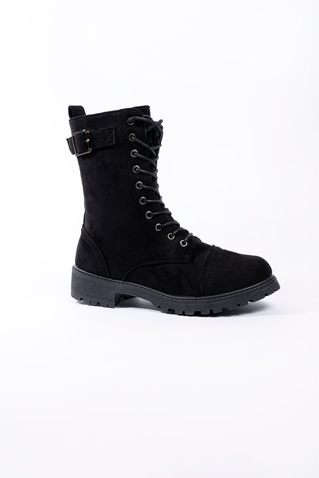 Luna Lace Up Military Boot Black Microfibre