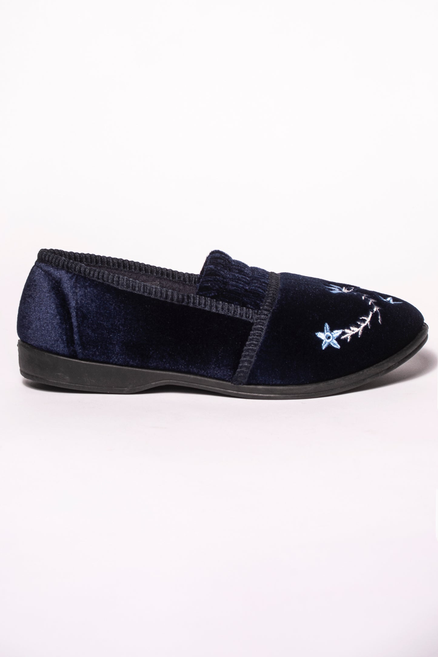 PEGGY DR LIGHTFOOT NAVY EMBROIDERED CRINKLE EFFECT SLIPPER