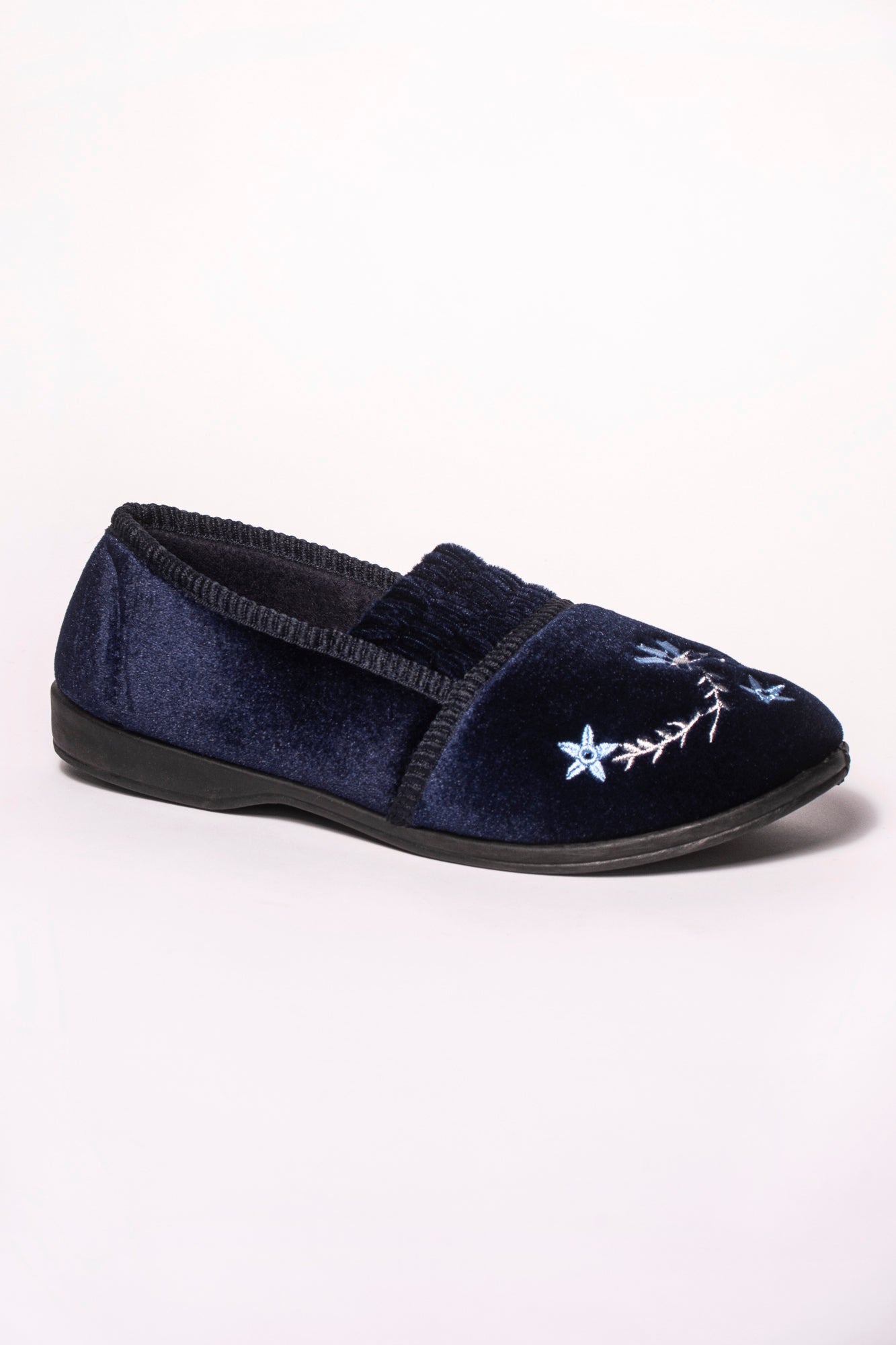 PEGGY DR LIGHTFOOT NAVY EMBROIDERED CRINKLE EFFECT SLIPPER