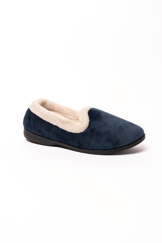 Muriel Cream Fur Collar Velour Slipper Navy