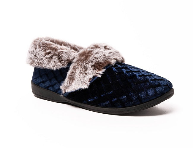 Sinead Dr Lightfoot Navy Velour Faux Fur Cuff Slipper