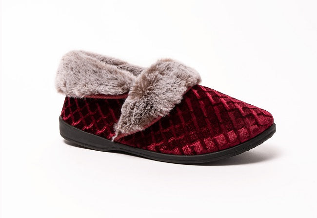 Sinead Regal Red Velour Faux Fur Cuff Slipper