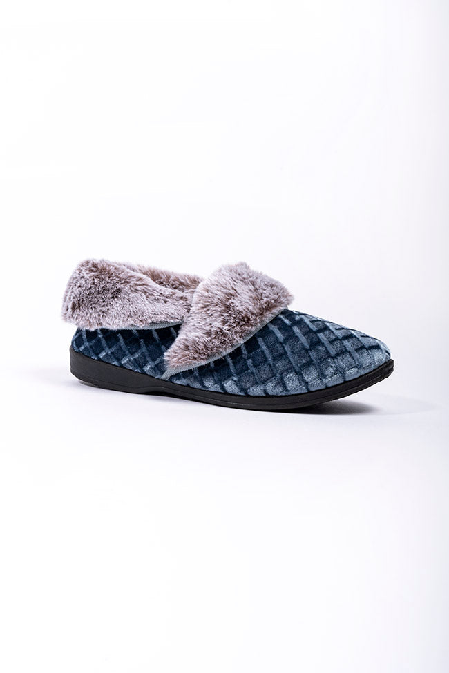 Sinead Ocean Blue Velour Faux Fur Cuff Slipper