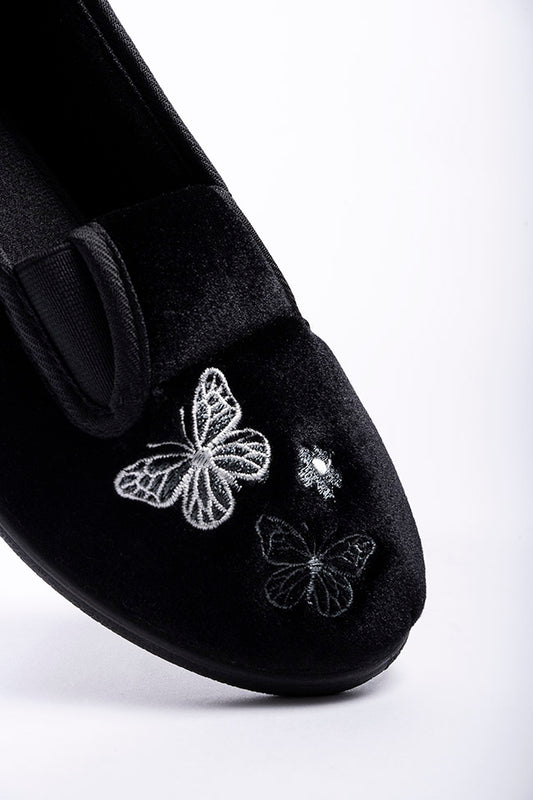 Priscilla Black Velour Twin Gusset Butterfly Ladies Slipper