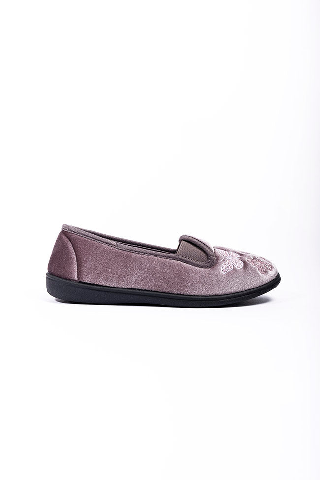 Priscilla Heather Velour Twin Gusset Butterfly Ladies Slipper