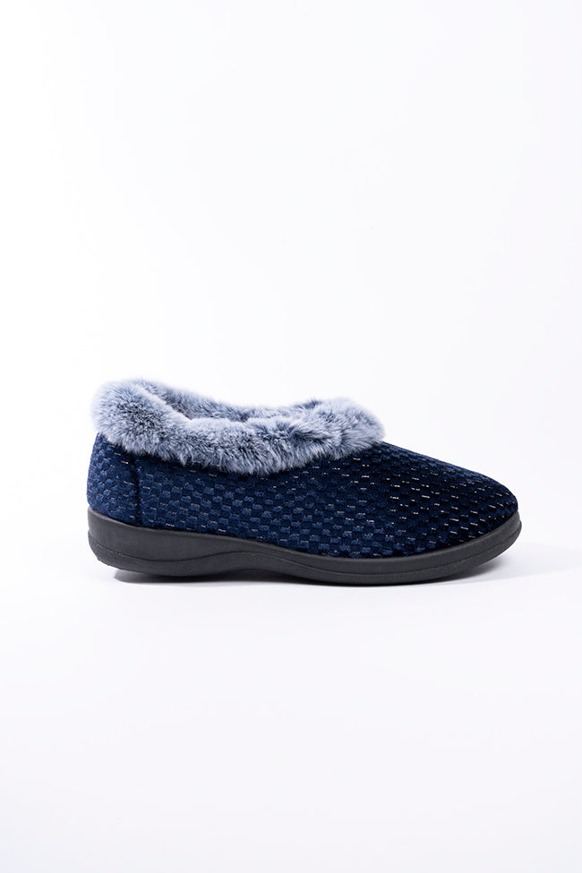 Freya Navy Velour Emboss Print Fur Collar Slipper