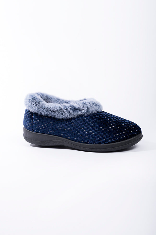 Freya Navy Velour Emboss Print Fur Collar Slipper