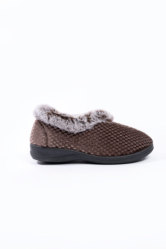 Freya Mocha Velour Emboss Print Fur Collar Slipper