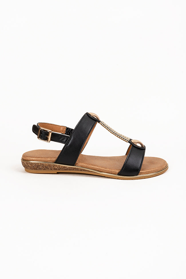 Quinn Gold T Bar Ladies Black Sandal