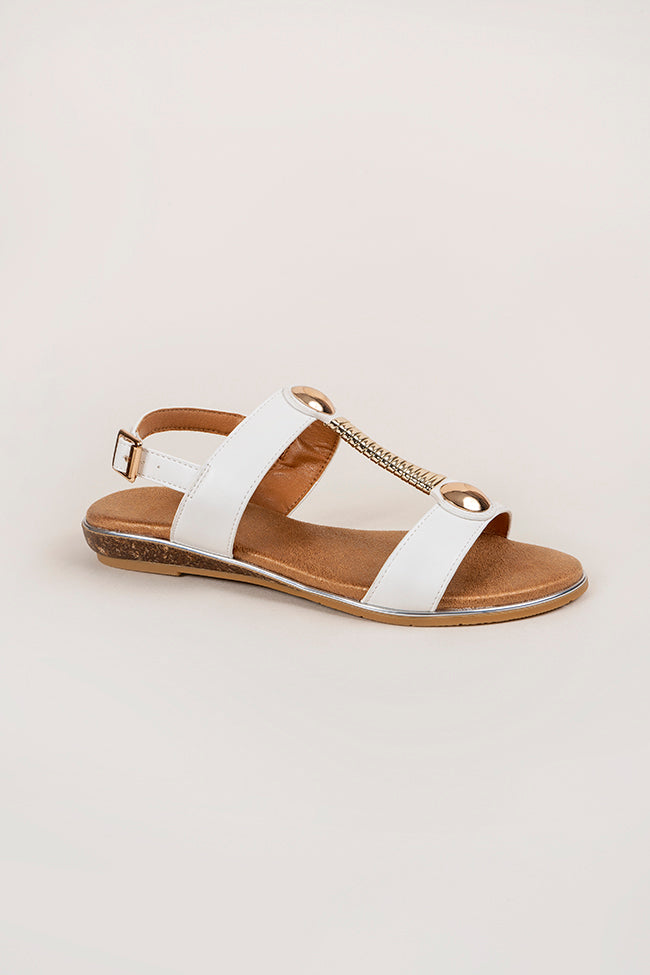 Quinn Gold T Bar Ladies White Sandal