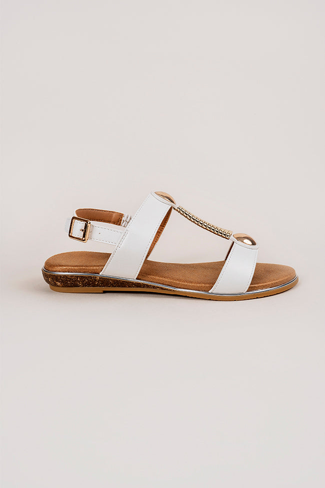 Quinn Gold T Bar Ladies White Sandal