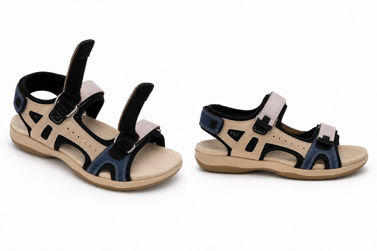 Andrea Dr. Lightfoot Tracker Sandal Beige and Navy