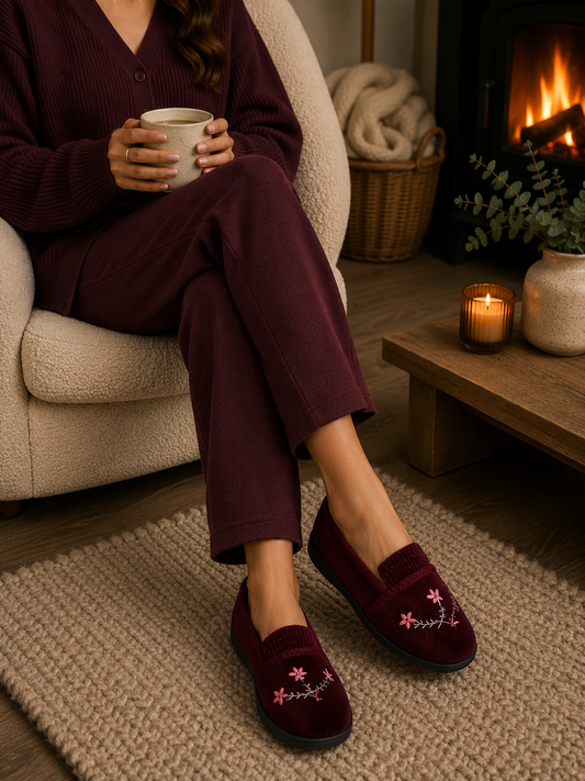 PEGGY BURGUNDYEMBROIDERED CRINKLE EFFECT SLIPPER