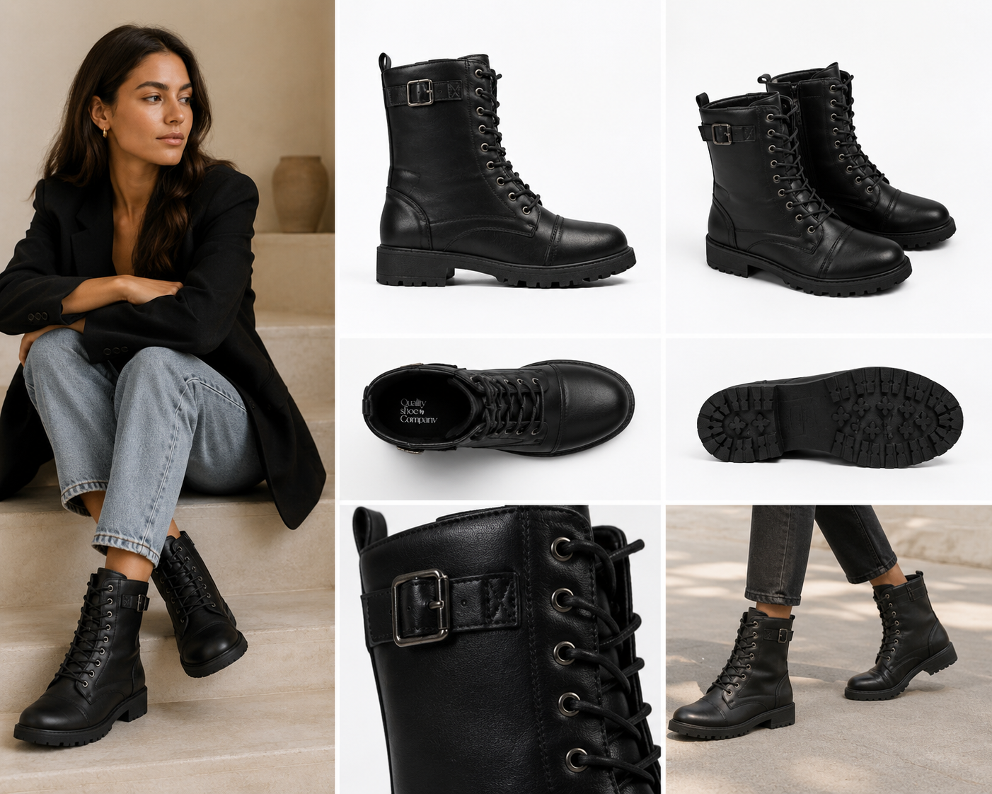 Luna Lace Up Military Boot Black Matt