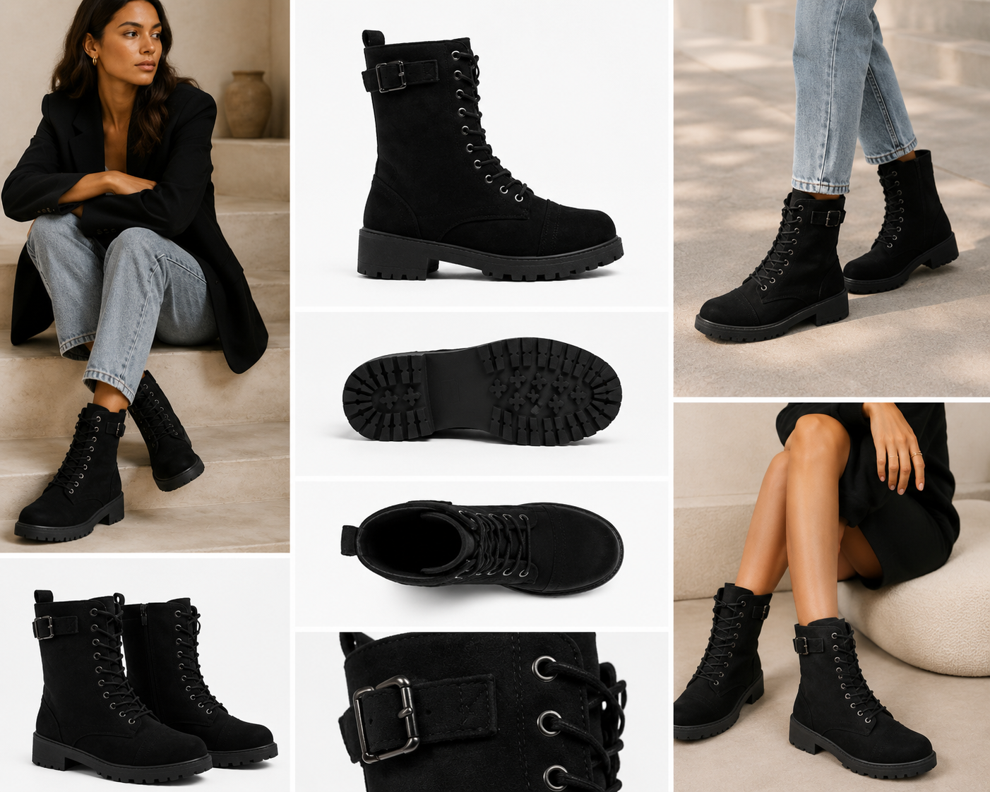 Luna Lace Up Military Boot Black Microfibre