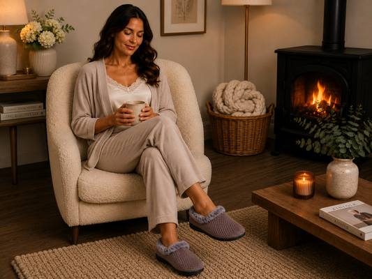 Freya Mocha Velour Emboss Print Fur Collar Slipper