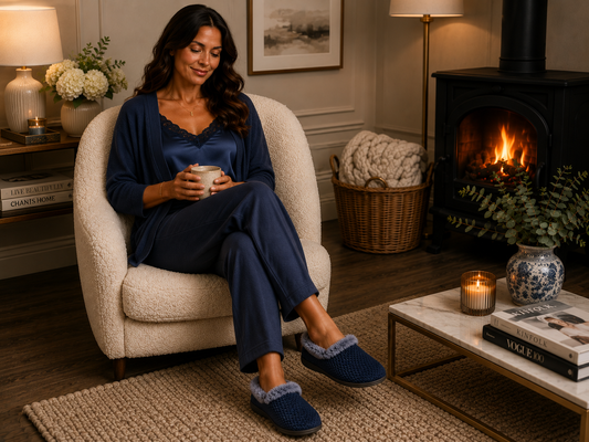 Freya Navy Velour Emboss Print Fur Collar Slipper
