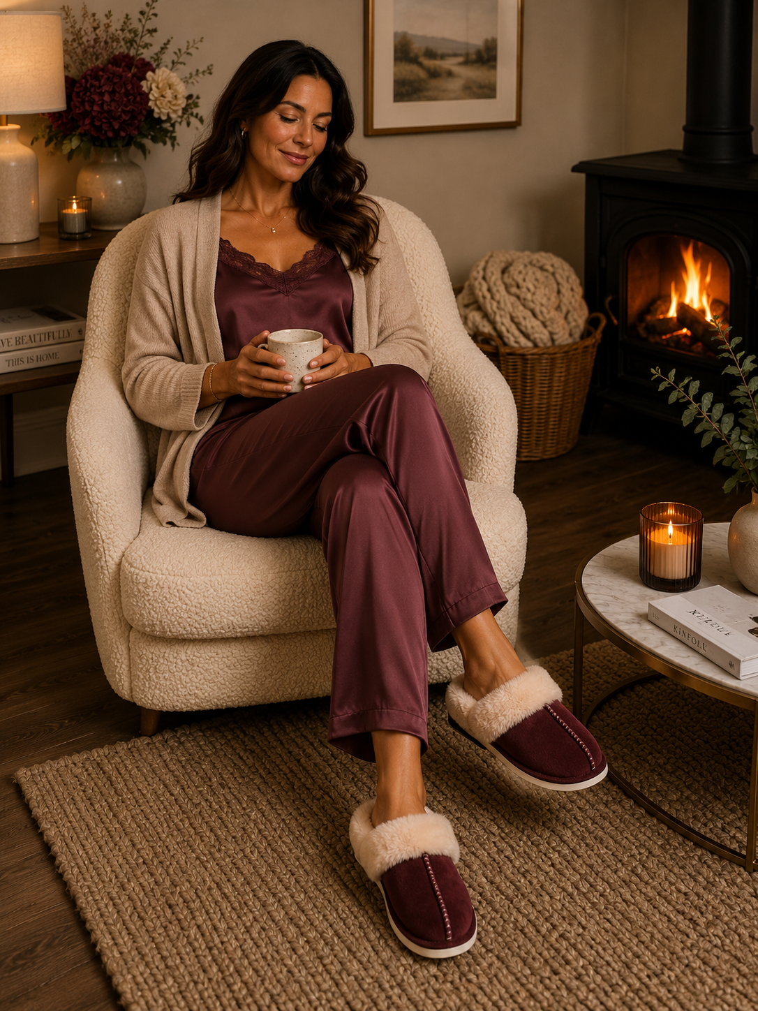 Lizzie Faux Fur Suede Slippers - Burgundy