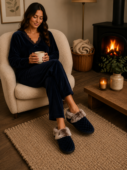 Sinead Dr Lightfoot Navy Velour Faux Fur Cuff Slipper