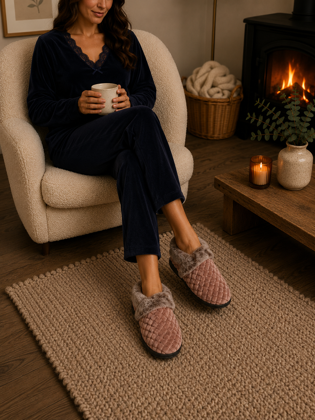 Sinead Pink Velour Faux Fur Cuff Slipper
