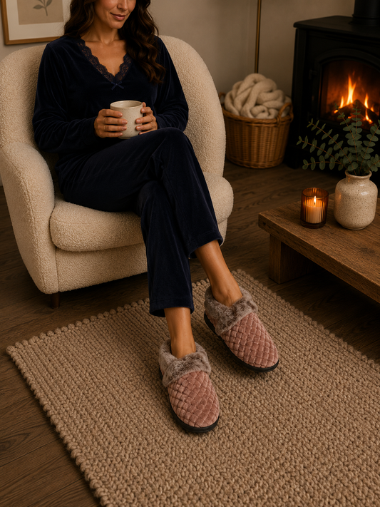 Sinead Pink Velour Faux Fur Cuff Slipper