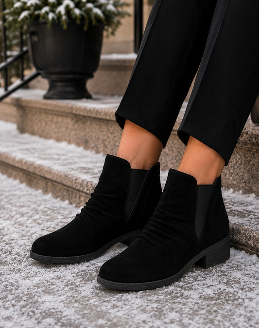 Chloe Ruched Ankle Boot Black Microfibre