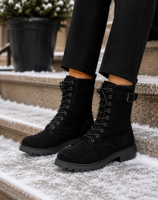 Luna Lace Up Military Boot Black Microfibre
