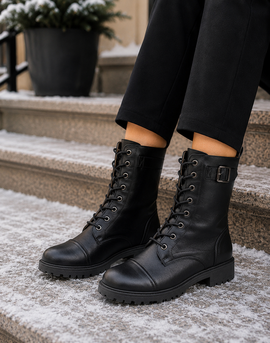 Luna Lace Up Military Boot Black Matt