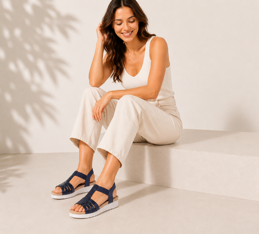 Lucy Navy T Bar Shimmer Sandal