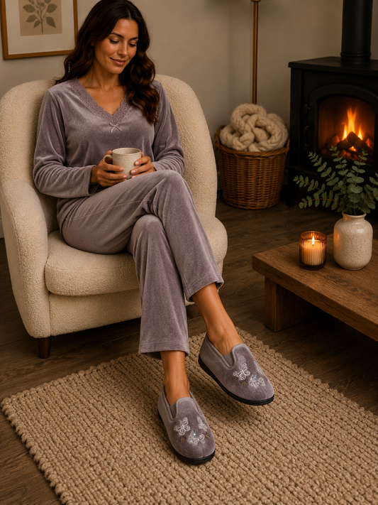 Priscilla Grey Velour Twin Gusset Butterfly Ladies Slipper